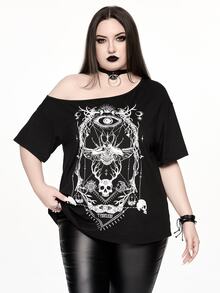 ROMWE Goth 深色哥德風骷髏昆蟲骨架星盤印花大尺碼女款寬鬆單肩落肩T恤，黑色，適合萬聖節演唱會夏季穿著 - 黑色 - 查看 5