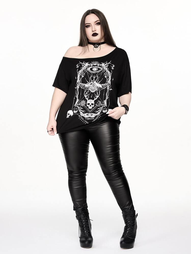 ROMWE Dark Gothic Skull Insect Skeleton Astrolabe Print Plus Size Women Loose One-Shoulder Drop Shoulder T-Shirt Halloween Concert Black Summer - Black - View 9