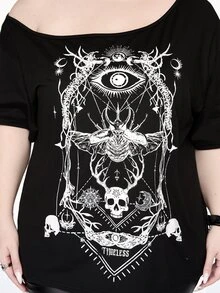 ROMWE Goth 深色哥德風骷髏昆蟲骨架星盤印花大尺碼女款寬鬆單肩落肩T恤，黑色，適合萬聖節演唱會夏季穿著 - 黑色 - 查看 2