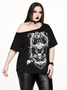 ROMWE Goth 深色哥德風骷髏昆蟲骨架星盤印花大尺碼女款寬鬆單肩落肩T恤，黑色，適合萬聖節演唱會夏季穿著 - 黑色 - 查看 6