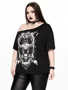ROMWE Goth 深色哥德風骷髏昆蟲骨架星盤印花大尺碼女款寬鬆單肩落肩T恤，黑色，適合萬聖節演唱會夏季穿著 - 黑色 - 查看 4