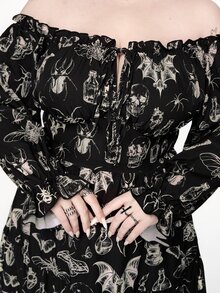 ROMWE Fairycore Gaun Wanita Ukuran Besar Vintage Romantis Motif Ngengat Gelap Lengan Panjang Tanpa Bahu - Hitam - View 6