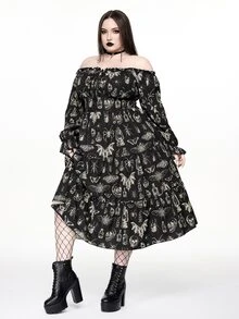 ROMWE Fairycore Gaun Wanita Ukuran Besar Vintage Romantis Motif Ngengat Gelap Lengan Panjang Tanpa Bahu - Hitam - View 3