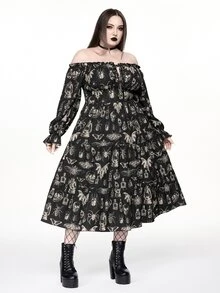 ROMWE Fairycore Gaun Wanita Ukuran Besar Vintage Romantis Motif Ngengat Gelap Lengan Panjang Tanpa Bahu - Hitam - View 7