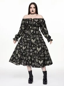 ROMWE Fairycore Gaun Wanita Ukuran Besar Vintage Romantis Motif Ngengat Gelap Lengan Panjang Tanpa Bahu - Hitam - View 4