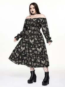 ROMWE Fairycore Gaun Wanita Ukuran Besar Vintage Romantis Motif Ngengat Gelap Lengan Panjang Tanpa Bahu - Hitam - View 1