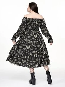 ROMWE Fairycore Gaun Wanita Ukuran Besar Vintage Romantis Motif Ngengat Gelap Lengan Panjang Tanpa Bahu - Hitam - View 2