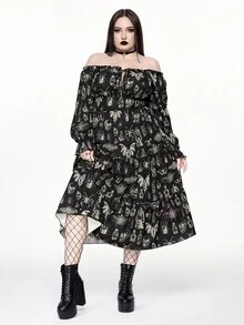 ROMWE Fairycore Gaun Wanita Ukuran Besar Vintage Romantis Motif Ngengat Gelap Lengan Panjang Tanpa Bahu - Hitam - View 5