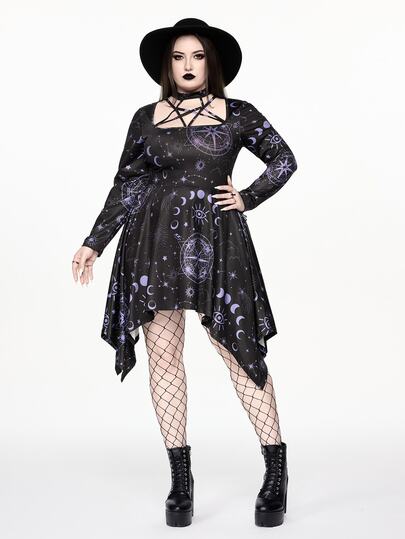 ROMWE Goth Plus Size Women Square Neck Star Structure Mini Asymmetrical Hem Dress With Star And Moon Pattern