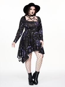 ROMWE Goth Gaun Mini Berpotongan Asimetris dengan Leher Persegi dan Struktur Bintang untuk Wanita Ukuran Plus, Motif Bintang dan Bulan - Hitam - View 7