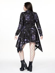 ROMWE Goth Gaun Mini Berpotongan Asimetris dengan Leher Persegi dan Struktur Bintang untuk Wanita Ukuran Plus, Motif Bintang dan Bulan - Hitam - View 3