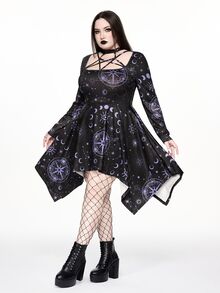 ROMWE Goth Gaun Mini Berpotongan Asimetris dengan Leher Persegi dan Struktur Bintang untuk Wanita Ukuran Plus, Motif Bintang dan Bulan - Hitam - View 4