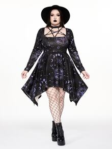 ROMWE Goth Gaun Mini Berpotongan Asimetris dengan Leher Persegi dan Struktur Bintang untuk Wanita Ukuran Plus, Motif Bintang dan Bulan - Hitam - View 6