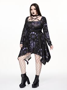ROMWE Goth Gaun Mini Berpotongan Asimetris dengan Leher Persegi dan Struktur Bintang untuk Wanita Ukuran Plus, Motif Bintang dan Bulan - Hitam - View 5