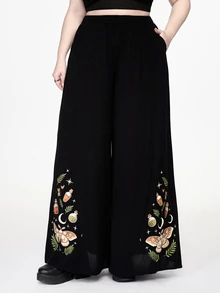 ROMWE Goth Plus Size Women's Vacation Style Snake Print & Floral Print Summer Wide Leg Pants - Black - View 4