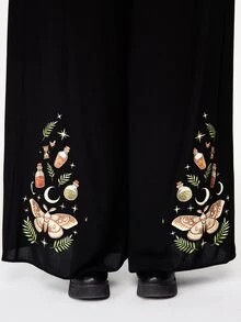 ROMWE Goth Plus Size Women's Vacation Style Snake Print & Floral Print Summer Wide Leg Pants - Black - View 2