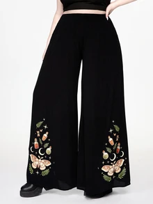 ROMWE Goth Plus Size Women's Vacation Style Snake Print & Floral Print Summer Wide Leg Pants - Black - View 1