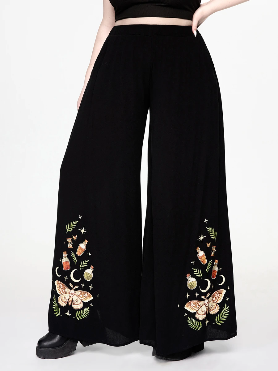 ROMWE Goth Plus Size Women's Vacation Style Snake Print & Floral Print Summer Wide Leg Pants - Black - View 1