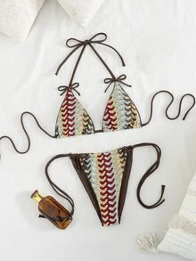 SHEIN Swim Bikini Halter Wanita Musim Panas dengan Kain Bertekstur dan Tali Samping di Bagian Bawah - MultiWarna - View 1