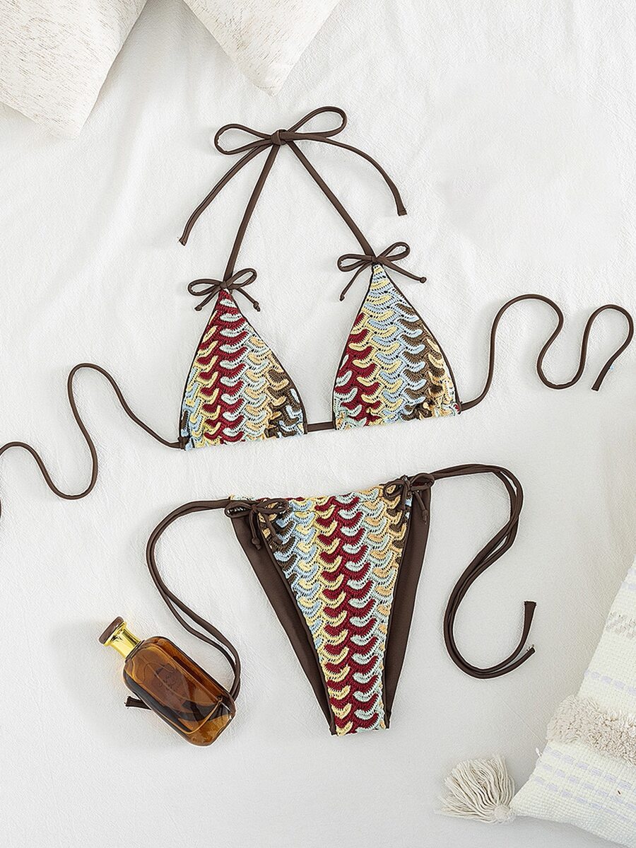 SHEIN Swim Bikini Halter Wanita Musim Panas dengan Kain Bertekstur dan Tali Samping di Bagian Bawah - MultiWarna - View 1