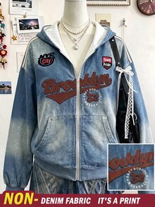 SHEIN Sparklyn 1件青少年女孩休閒極簡字母印花口袋拉鍊連帽長袖運動衫外套，簡約街頭風，秋冬必備 - 藍色 - 查看 2