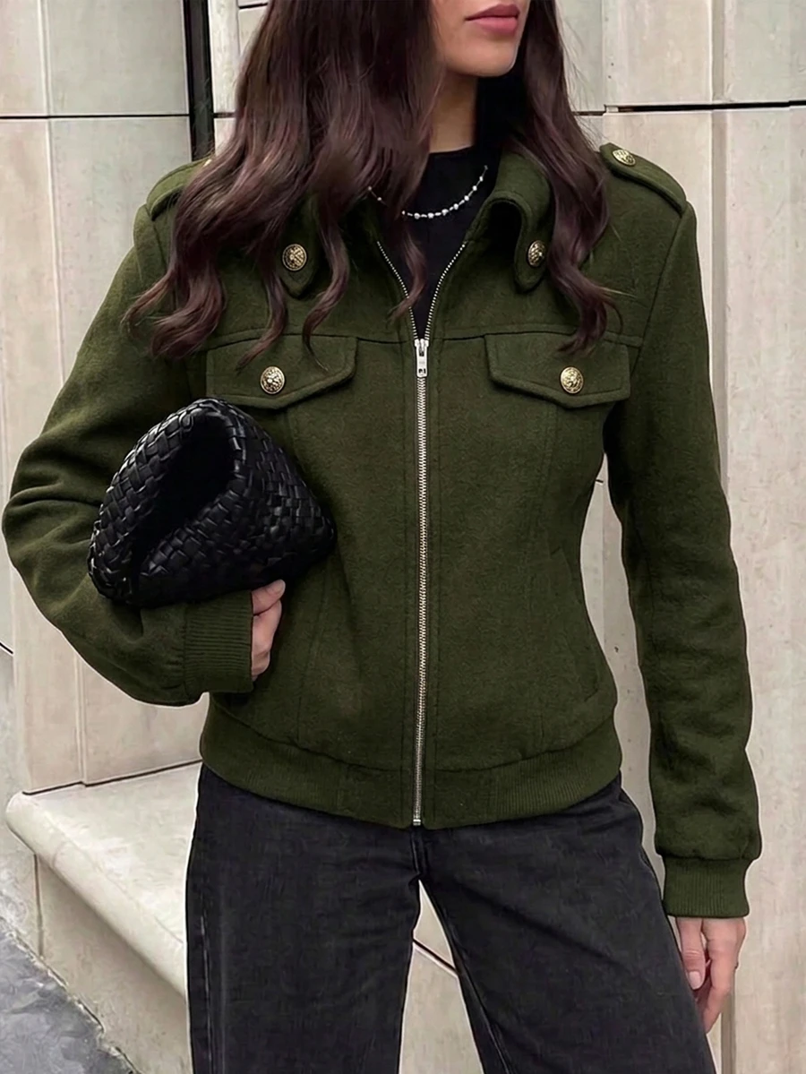 Struktiv Jaket dengan Detail Penutup Resleting - Hijau Tentara - View 1