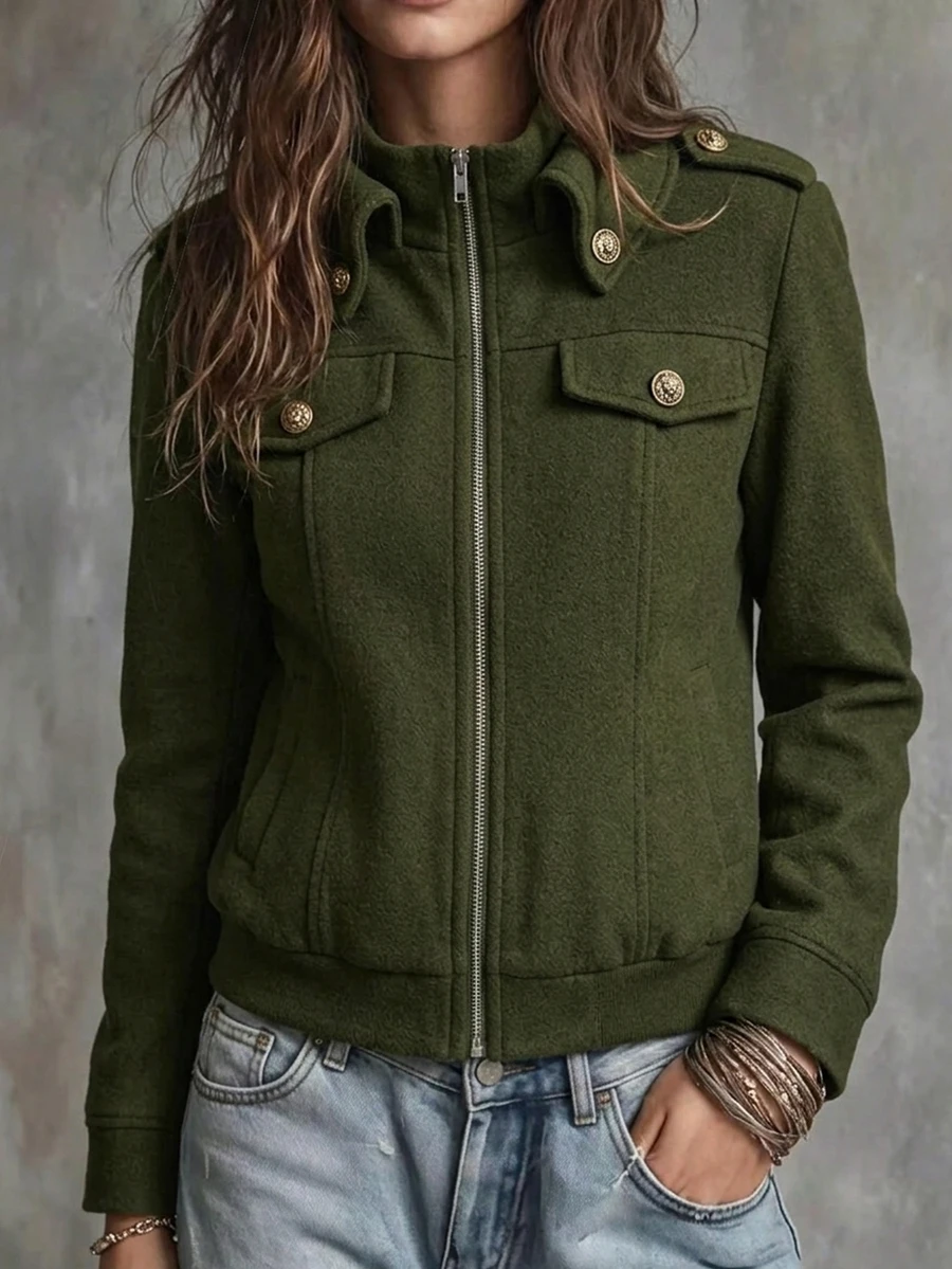 Struktiv Zip Up Flap Detail Jacket Office Olive Green Autumn Casual Street Wear - Army Green - View 1