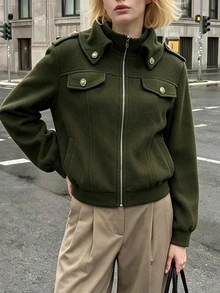 Struktiv Jaket dengan Detail Penutup Resleting - Hijau Tentara - View 3