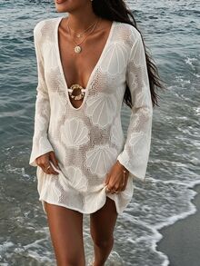 Swim Chiccia Women's Solid Color Lace Hollow Long Sleeve V-Neck Beach Vacation Cover-Up - White - View 7