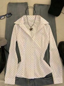 IslaSuriya Women's Slim Fit Waist White Polka Dot Pattern Blouse - White - View 1