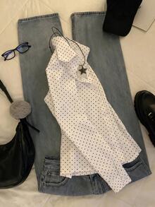 IslaSuriya Women's Slim Fit Waist White Polka Dot Pattern Blouse - White - View 3