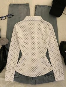 IslaSuriya Women's Slim Fit Waist White Polka Dot Pattern Blouse - White - View 2