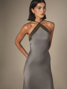 KSTM Halter Neck Satin Dress With Black Contrast Trim Cross Back Straps Mermaid Silhouette Formal Evening Gown With Pockets - Grey - View 3