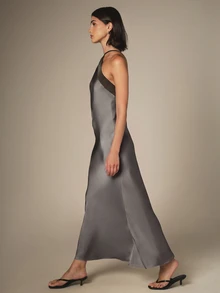 KSTM Halter Neck Satin Dress With Black Contrast Trim Cross Back Straps Mermaid Silhouette Formal Evening Gown With Pockets - Grey - View 5