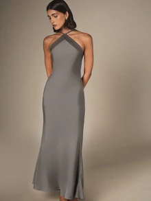 KSTM Halter Neck Satin Dress With Black Contrast Trim Cross Back Straps Mermaid Silhouette Formal Evening Gown With Pockets - Grey - View 2
