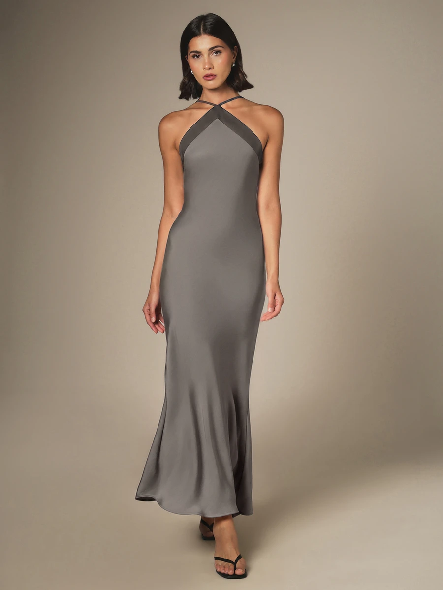 KSTM Halter Neck Satin Dress With Black Contrast Trim Cross Back Straps Mermaid Silhouette Formal Evening Gown With Pockets - Grey - View 1