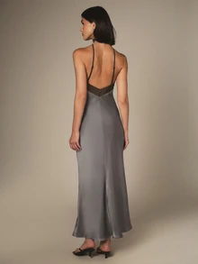 KSTM Halter Neck Satin Dress With Black Contrast Trim Cross Back Straps Mermaid Silhouette Formal Evening Gown With Pockets - Grey - View 6