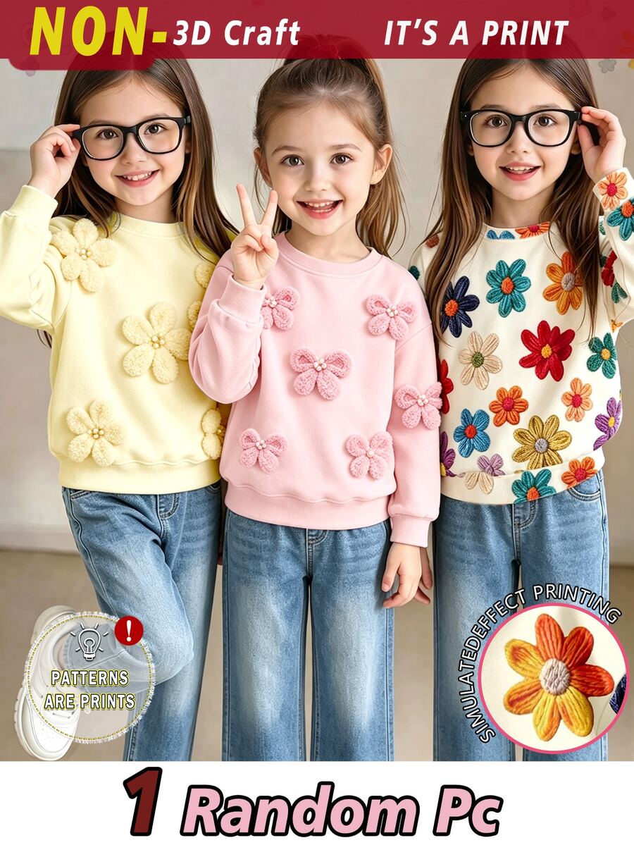 SHEIN Elladie kids (1件隨機)少女秋冬休閒仙女公主風清新白色花朵蝴蝶結圖案圓領長袖衛衣上衣,適合外出穿著 - 彩色 - 查看 1