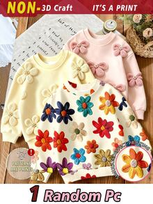 SHEIN Elladie kids (1件隨機)少女秋冬休閒仙女公主風清新白色花朵蝴蝶結圖案圓領長袖衛衣上衣，適合外出穿著 - 彩色 - 查看 3