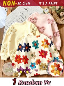 SHEIN Elladie kids (1件隨機)少女秋冬休閒仙女公主風清新白色花朵蝴蝶結圖案圓領長袖衛衣上衣，適合外出穿著 - 彩色 - 查看 2