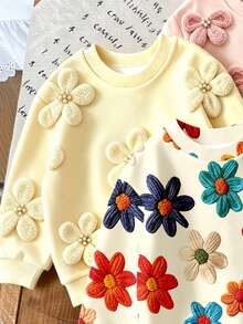 SHEIN Elladie kids (1件隨機)少女秋冬休閒仙女公主風清新白色花朵蝴蝶結圖案圓領長袖衛衣上衣，適合外出穿著 - 彩色 - 查看 4