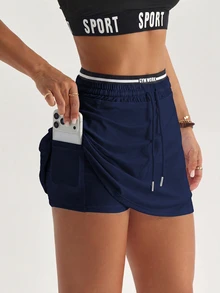 CourtClass CourtClass Women's Striped Contrast Color Drawstring Waist Sports Athleisure Modest Skort Gym Tennis Navy Blue Summer - Navy Blue - View 5