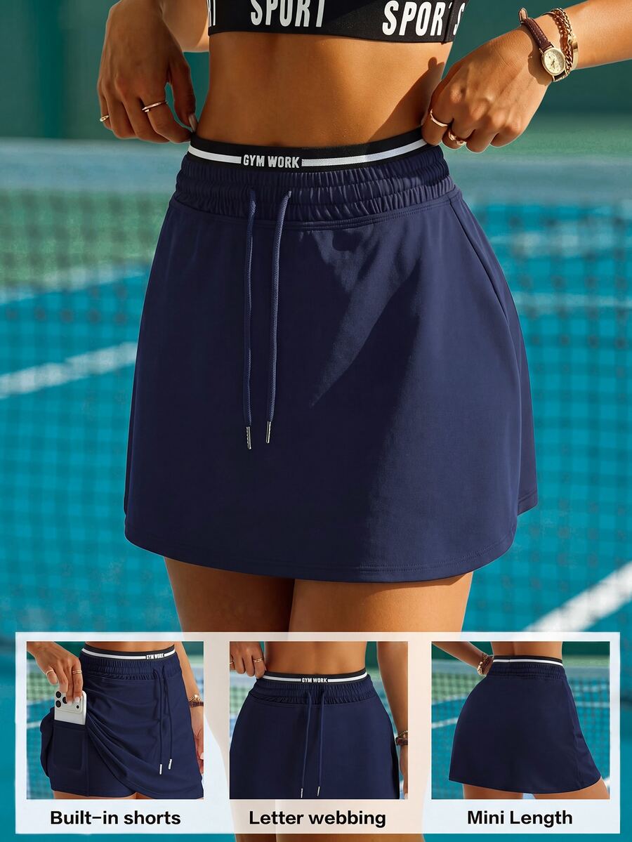 CourtClass CourtClass Women's Striped Contrast Color Drawstring Waist Sports Athleisure Modest Skort Gym Tennis Navy Blue Summer - Navy Blue - View 1
