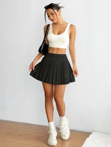 CourtClass CourtClass Casual Simple Plain Pleated Sports Skirt Shorts, Summer - Black - View 5