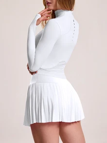 CourtClass CourtClass Women's Minimalist Solid Color Zip-Up Jacket And Pleated Skirt Tennis Outfit, 2pcs Set - White - View 3