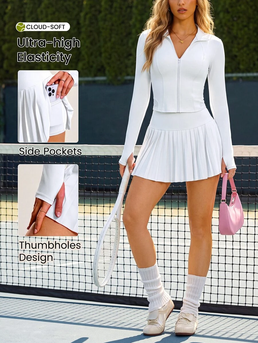 CourtClass CourtClass Women's Minimalist Solid Color Zip-Up Jacket And Pleated Skirt Tennis Outfit, 2pcs Set