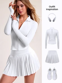 CourtClass CourtClass Women's Minimalist Solid Color Zip-Up Jacket And Pleated Skirt Tennis Outfit, 2pcs Set - White - View 6