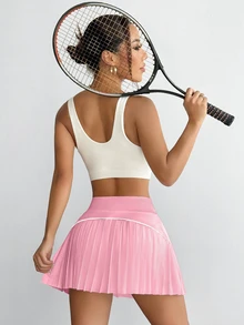 CourtClass CourtClass Women's Casual Solid Color Elastic Waist Pleated Sports Skort, Summer - Pink - View 4