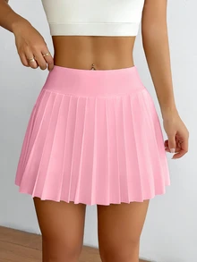 CourtClass CourtClass Women's Casual Solid Color Elastic Waist Pleated Sports Skort, Summer - Pink - View 5