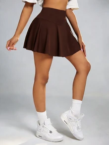 CourtClass CourtClass Women's Solid Color Minimalist Athletic Daily Soft Sports Skort Gym Running Brown Summer Gym Running Golf Gym - Brown - View 3